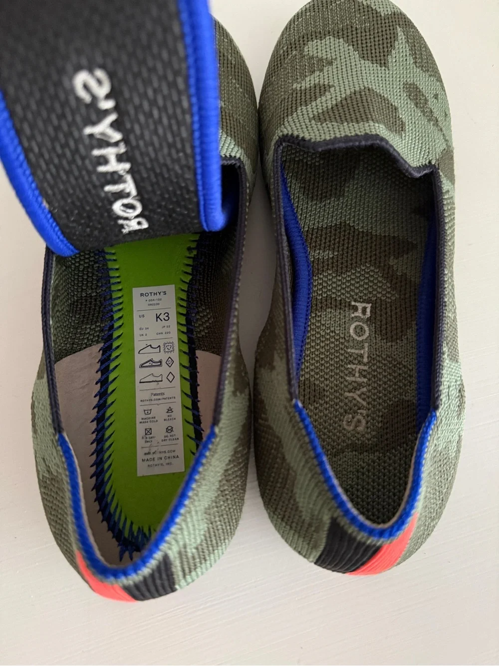 Kids Rothy's Olive Green Camo Knit Slip-Ons